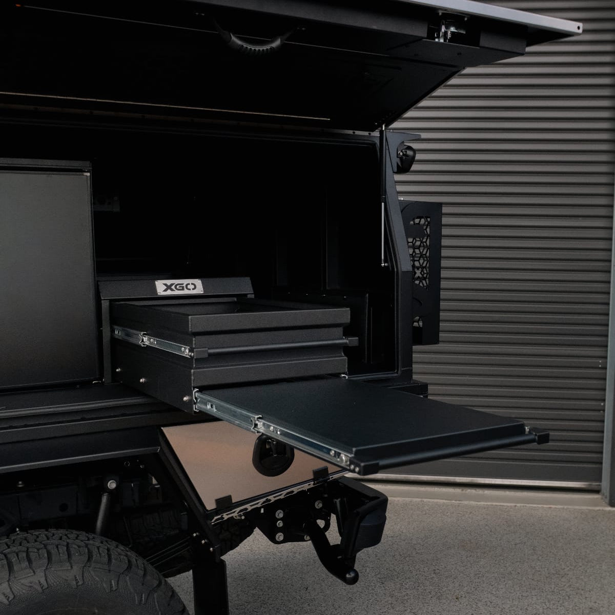 XGO canopy drawer system installed in a Ford Ranger Super Duty touring canopy